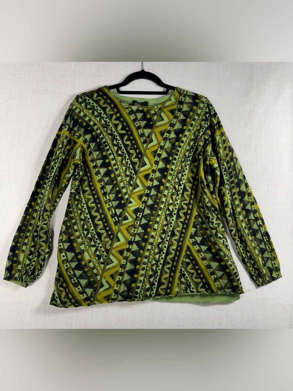 Bob Mackie Green Tribal-Print Long Sleeve Top